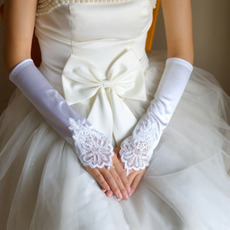 Guanti di nozze lunghi in raso elastico bianco vintage perline