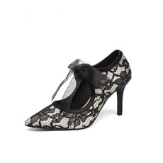 Scarpe da sposa in pizzo nero scarpe con tacco alto con fiocco e scarpe da festa con cinturino a punta