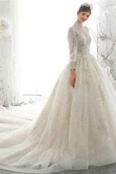 Vestito da sposa Perline Raso Vita naturale Inverno Maglietta