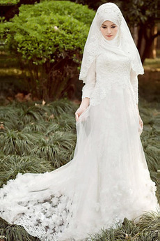 Vestito da sposa Tulle Vita naturale Perline Maniche lunghe A-line