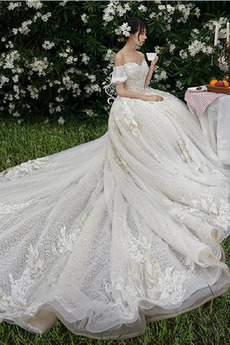 Vestito da sposa All Aperto Vita naturale Maniche corte Strascico Reale