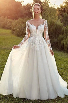 Abito da sposa Tulle Delicato Maniche illusione Pera Paletta A-line