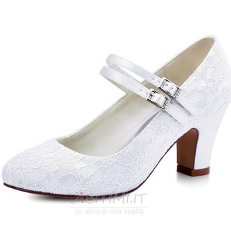 Scarpe da sposa con tacco spesso in pizzo bianco scarpe da sposa con tacco alto e punta tonda scarpe da damigella d'onore - Pagina 1