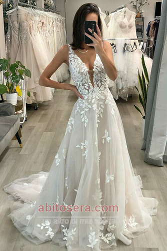 Abito da sposa Estate Applicato Tulle Senza maniche Scollo a v - Pagina 2