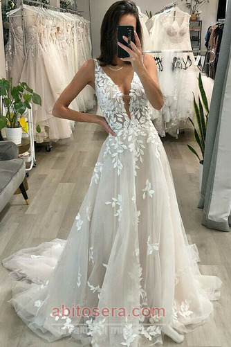 Abito da sposa Estate Applicato Tulle Senza maniche Scollo a v abitosera