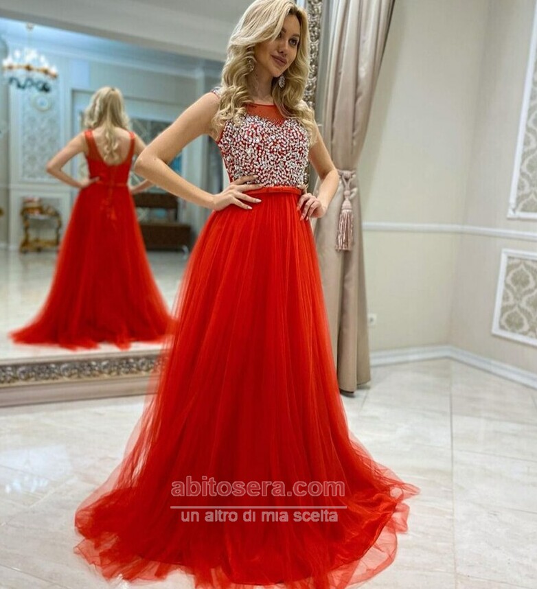 Image: https://abitosera.com/p/a-g1634miqls-e7/abito-da-sera-a-linea-partito-perline-senza-maniche-gioiello-tulle.jpg Abiti da sera Rosso